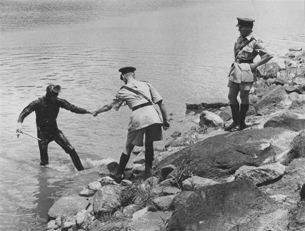 Civilian Diver exiting Hillside Dam after recovery of parts assisted by 4257 John Ashworth  then a Sergeant  and 5229 Brian 
