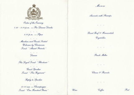 Menu Centenary Dinner Johannesburg 1989