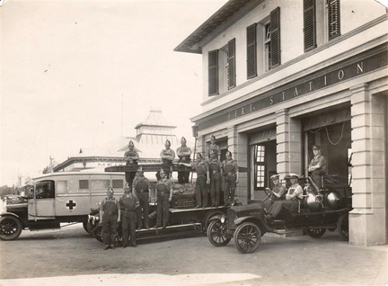 Bulawayo 1931 Fire Appliances and Ambulance 2909 Cyril Henry Newton standing on side of Chemical Appliance nearest camera
