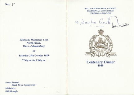 Autographed Menu Centenary Dinner Johannesburg 1989